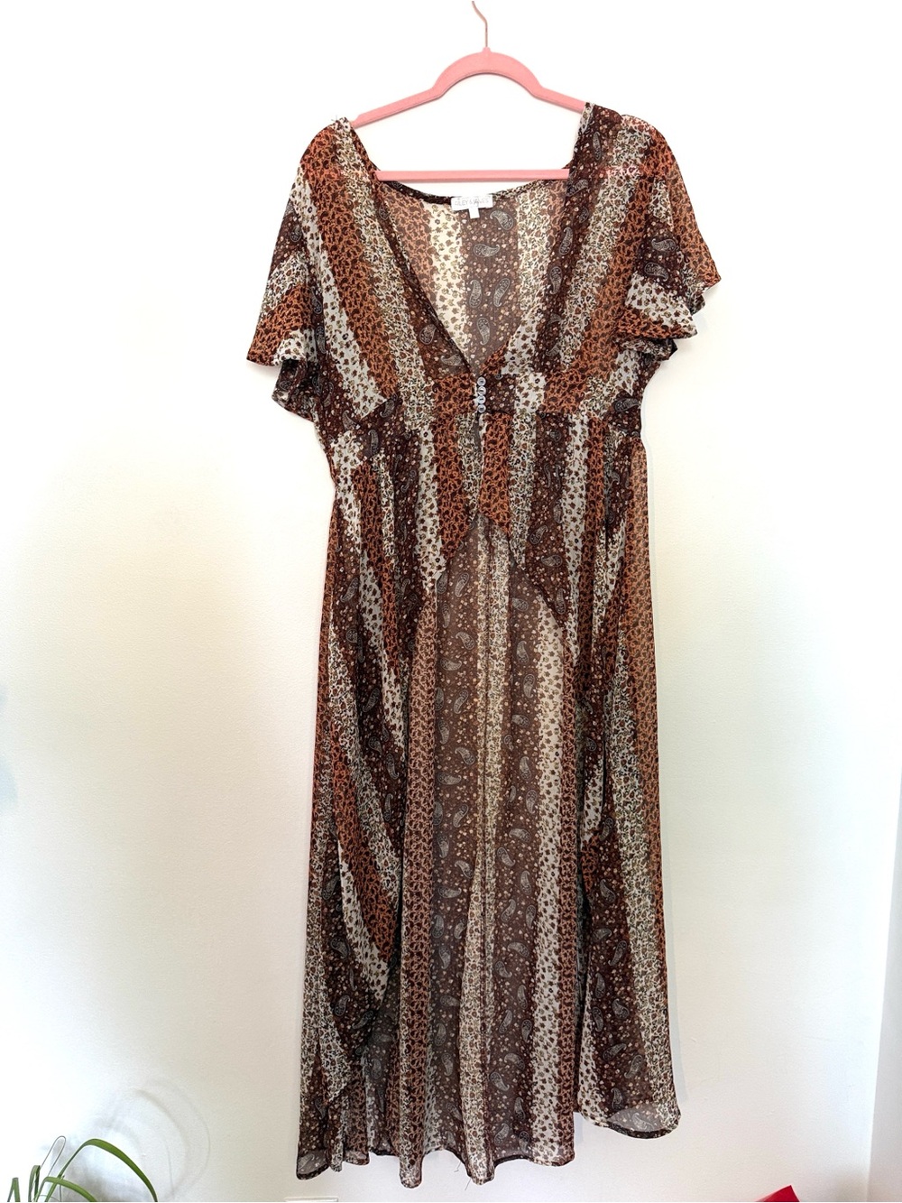 Brown Patterned V-Neck Maxi Dress Cardigan